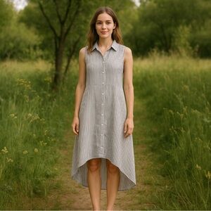 Le Paris Petit Linen Sleeveless Tunic Dress Pinstripe Button Down High Low Hem M